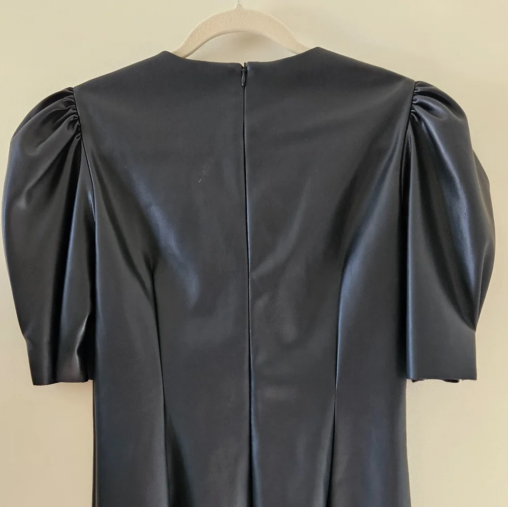 ZARA Black Leather Puff Sleeve Mini Dress Stretch Size Medium - Picture 6 of 13